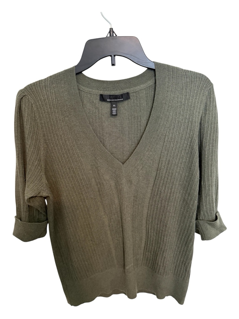 White House Black Market Olive Ribbed V-Neck short sleeve sweater